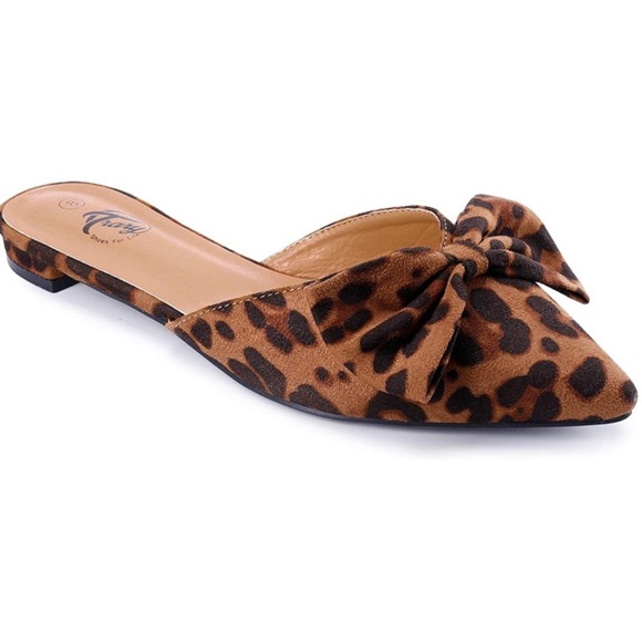 ✖️POINTY MULE LEOPARD BOW WOMANS FLAT SHOE *NEW* - Picture 2 of 7